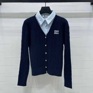 Miu Miu Navy Cable-Knit Cardigan with Gold Buttons